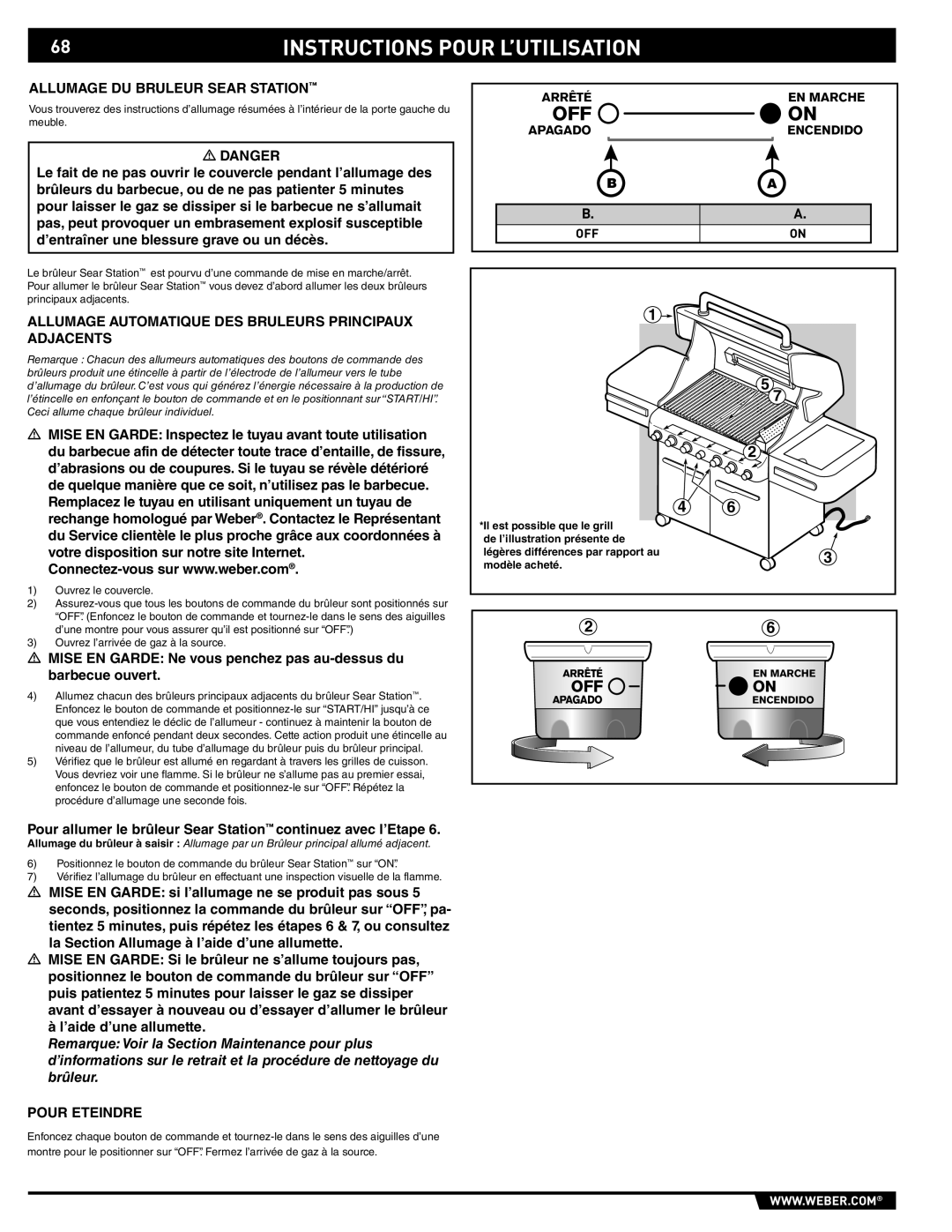 Weber S-470TM manual Allumage DU Bruleur Sear Station, Allumage Automatique DES Bruleurs Principaux Adjacents 