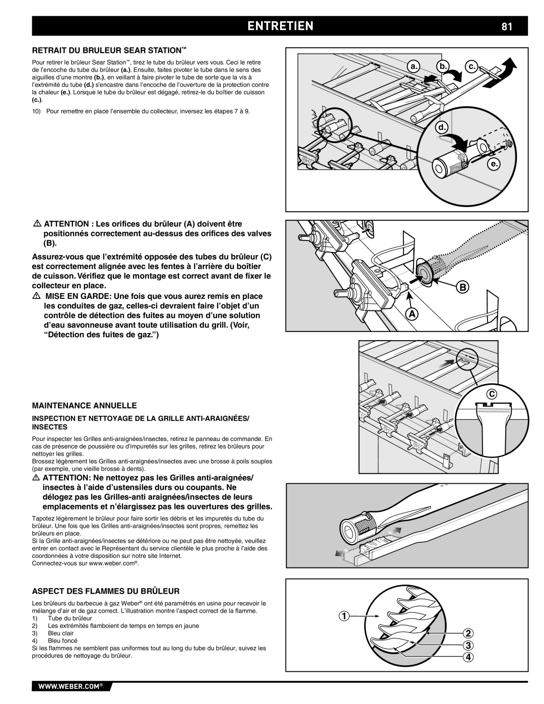 Weber S-470TM manual Entretien, Retrait DU Bruleur Sear Station, Maintenance Annuelle, Aspect DES Flammes DU Brûleur 