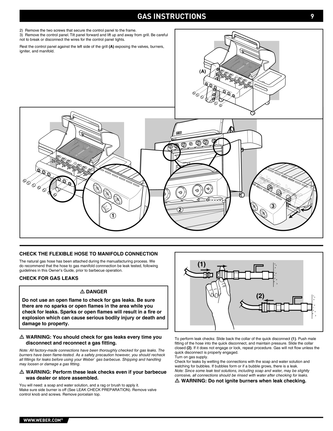 Weber S-470TM manual Check the Flexible Hose to Manifold Connection, Check for GAS Leaks 