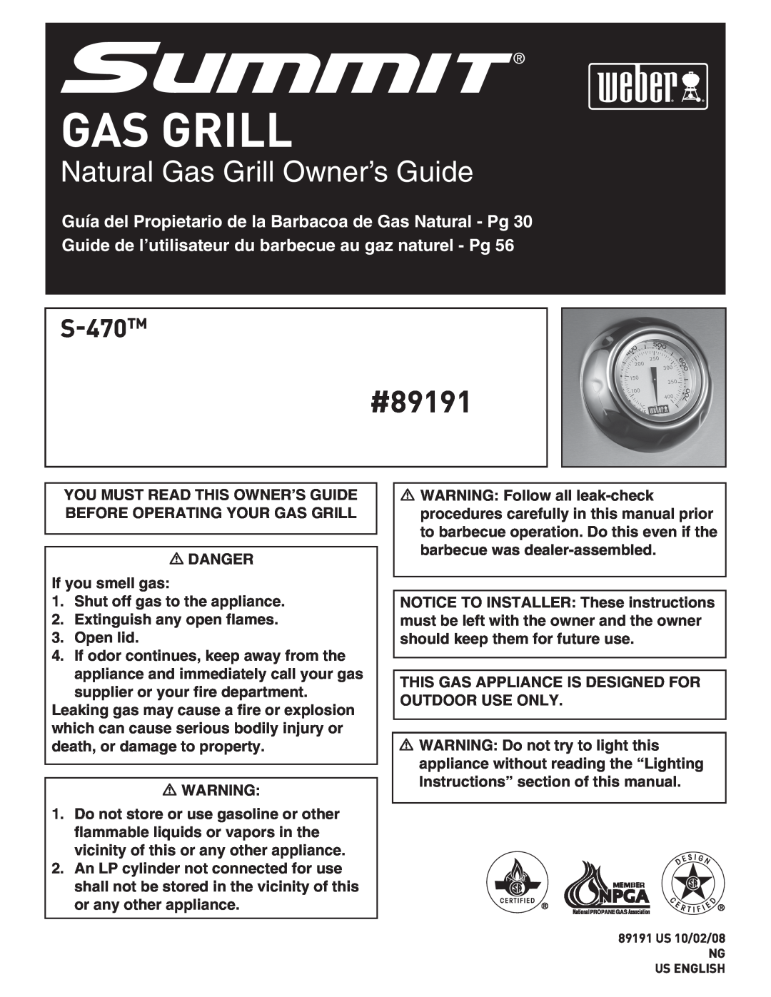 Weber S-470TM manual #89191, Natural Gas Grill Owner’s Guide 