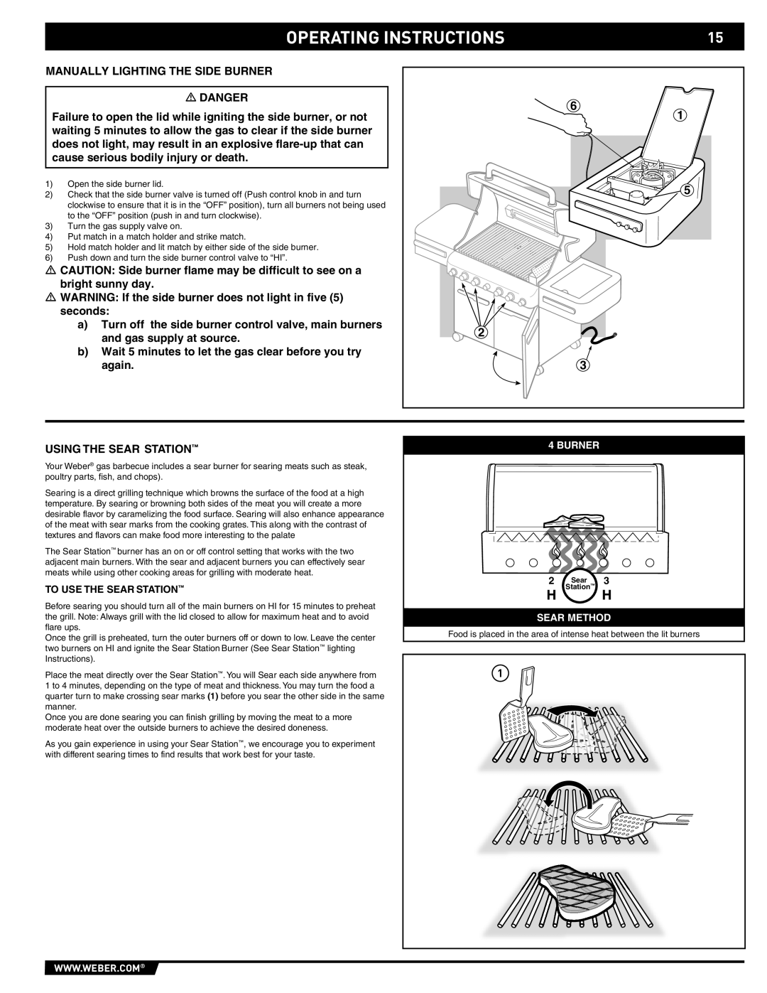 Weber S-470TM manual Operating Instructions, To Use The Sear Station, Burner, Sear Method 