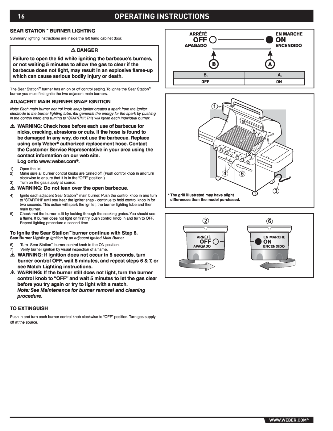 Weber S-470TM manual Operating Instructions, Note See Maintenance for burner removal and cleaning procedure 