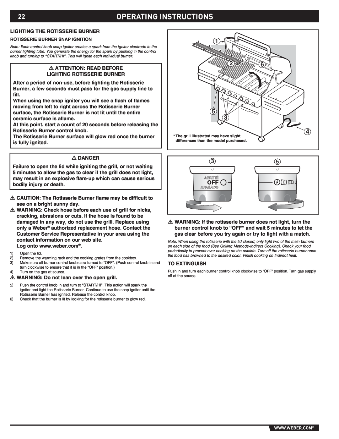 Weber S-470TM manual Operating Instructions, Rotisserie Burner Snap Ignition 