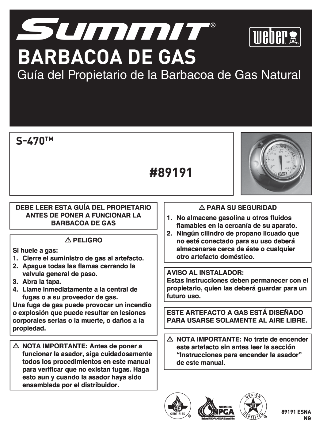 Weber S-470TM manual Barbacoa De Gas, Guía del Propietario de la Barbacoa de Gas Natural, #89191 