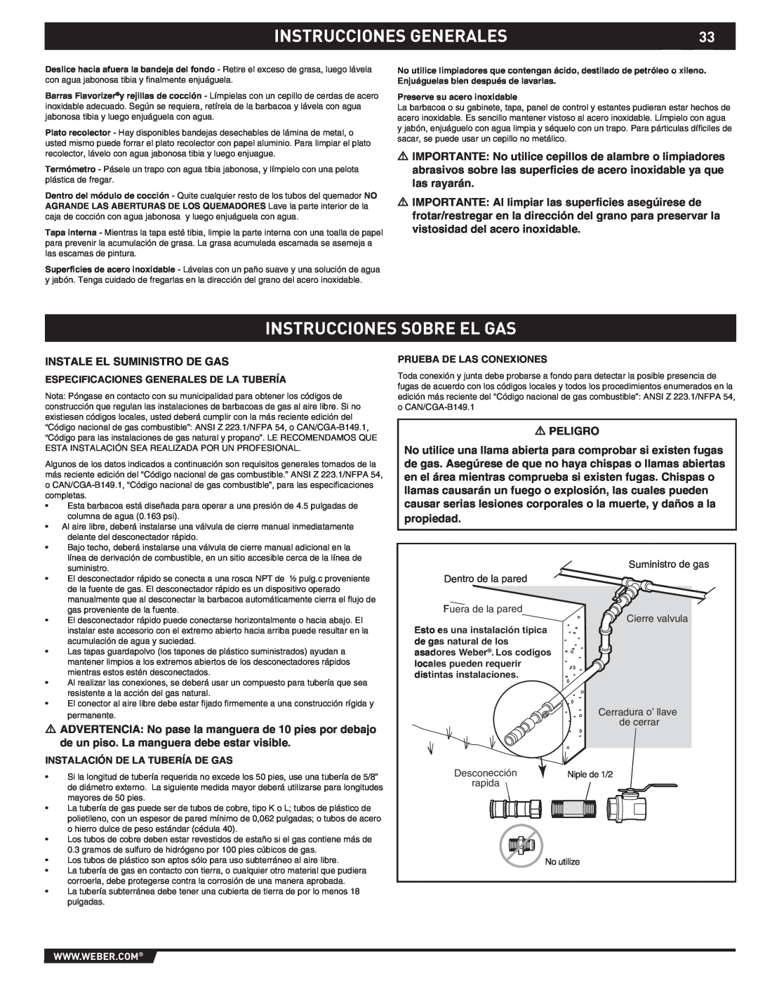 Weber S-470TM manual Instrucciones Sobre El Gas, Instrucciones Generales, Especificaciones Generales De La Tubería, rapida 