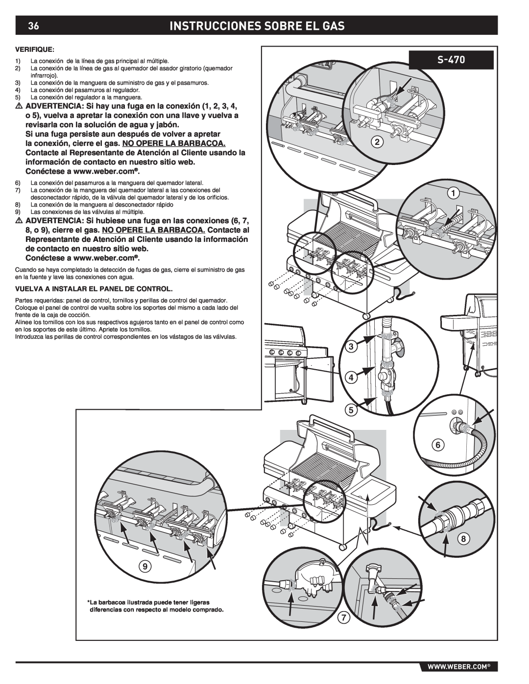 Weber S-470TM manual Instrucciones Sobre El Gas, Verifique, Vuelva A Instalar El Panel De Control 
