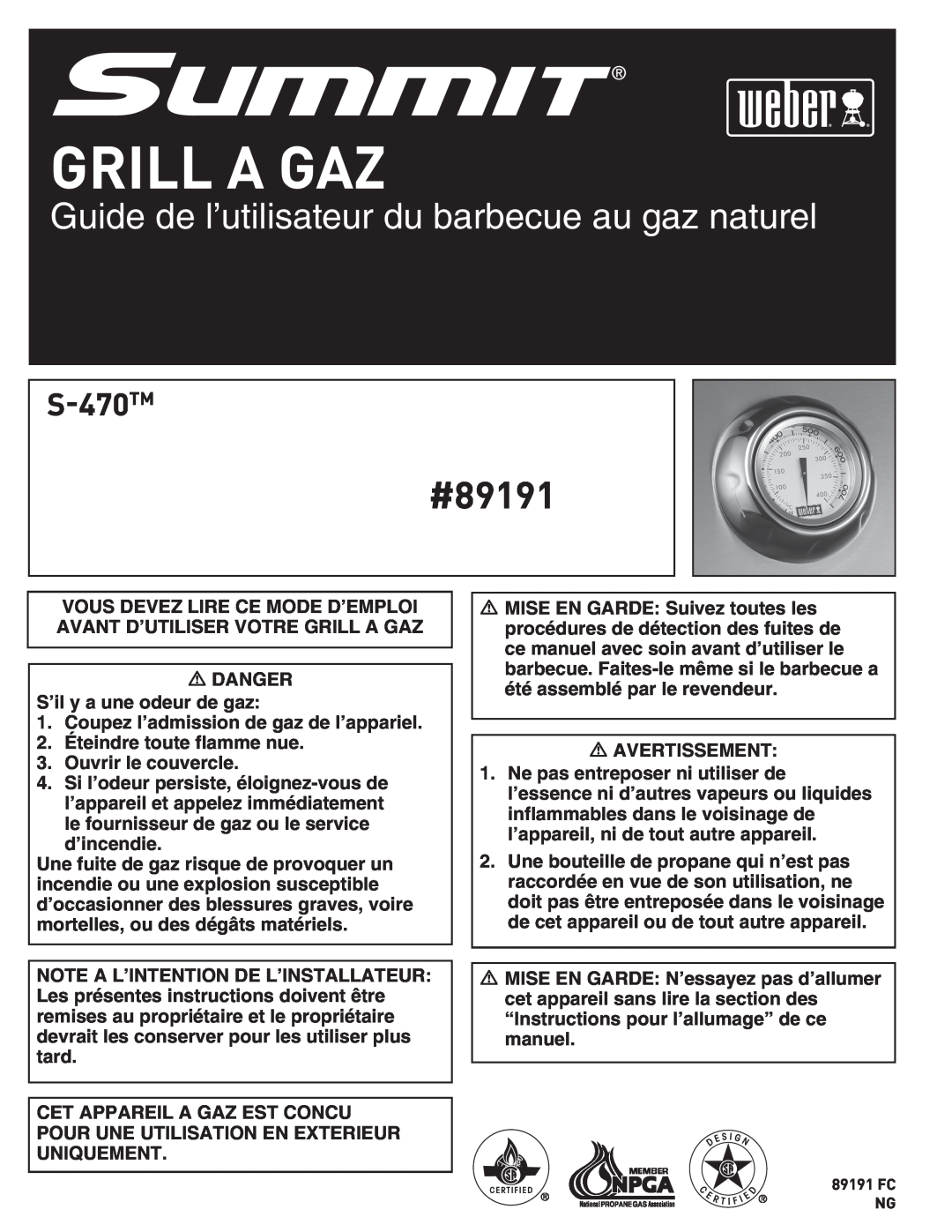 Weber S-470TM manual Grill A Gaz, Guide de l’utilisateur du barbecue au gaz naturel, #89191 