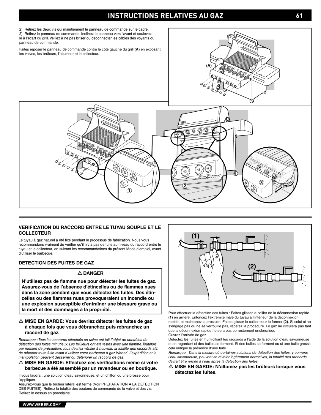 Weber S-470TM manual Instructions Relatives Au Gaz, Verification Du Raccord Entre Le Tuyau Souple Et Le Collecteur 
