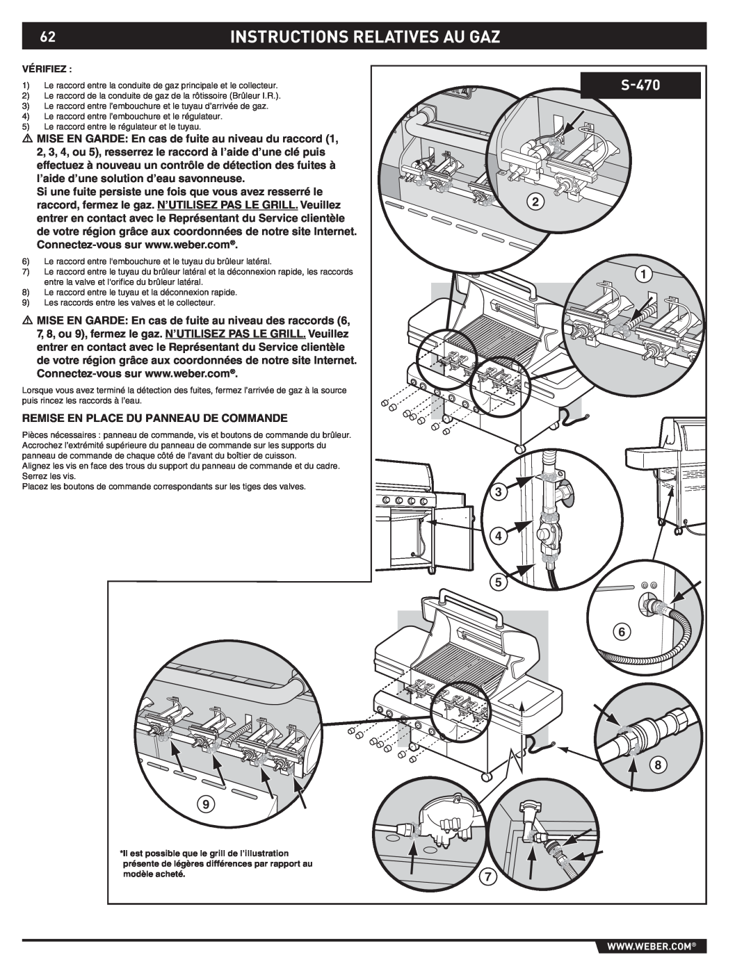 Weber S-470TM manual Instructions Relatives Au Gaz, Remise En Place Du Panneau De Commande, Vérifiez 