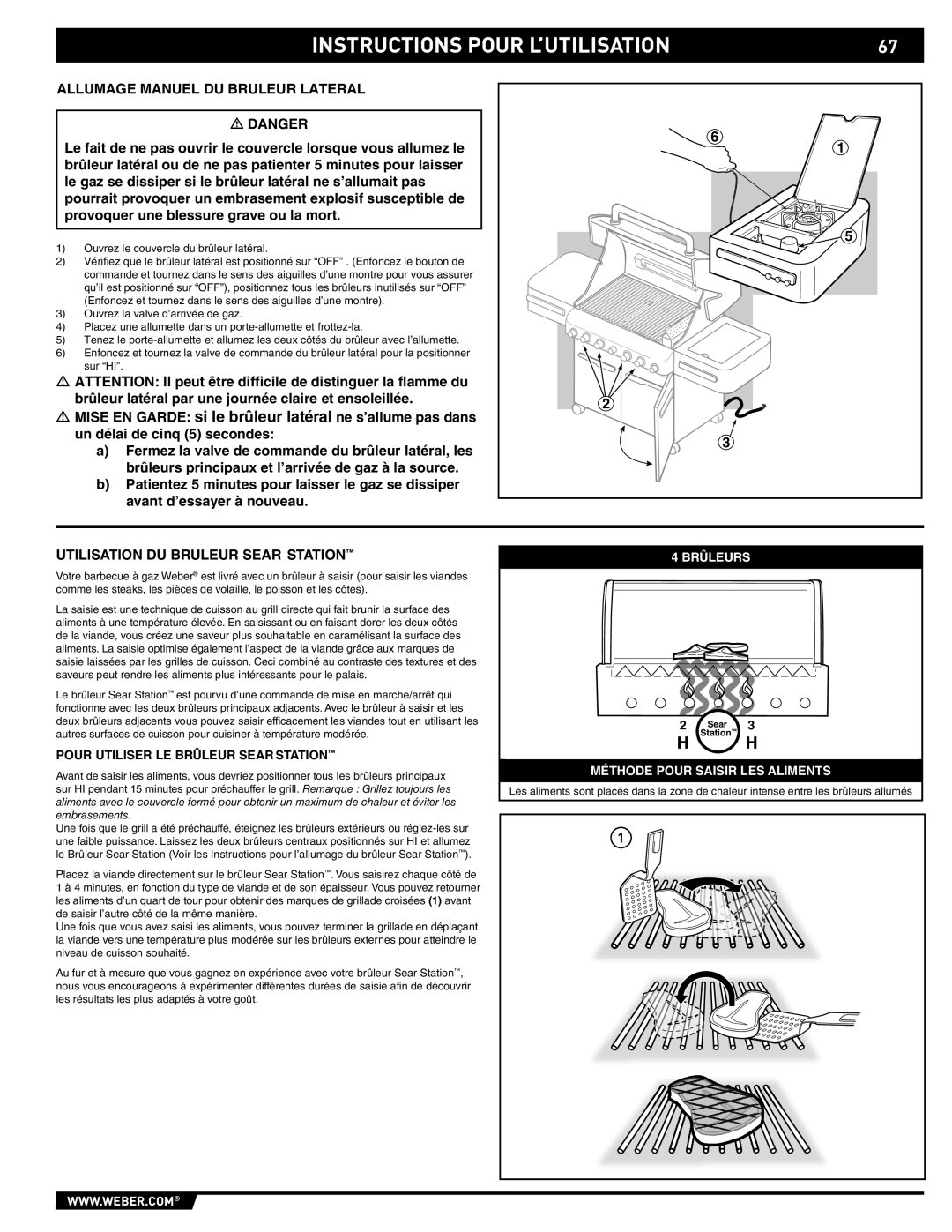 Weber S-470TM manual Instructions Pour L’Utilisation, Allumage Manuel Du Bruleur Lateral Danger 