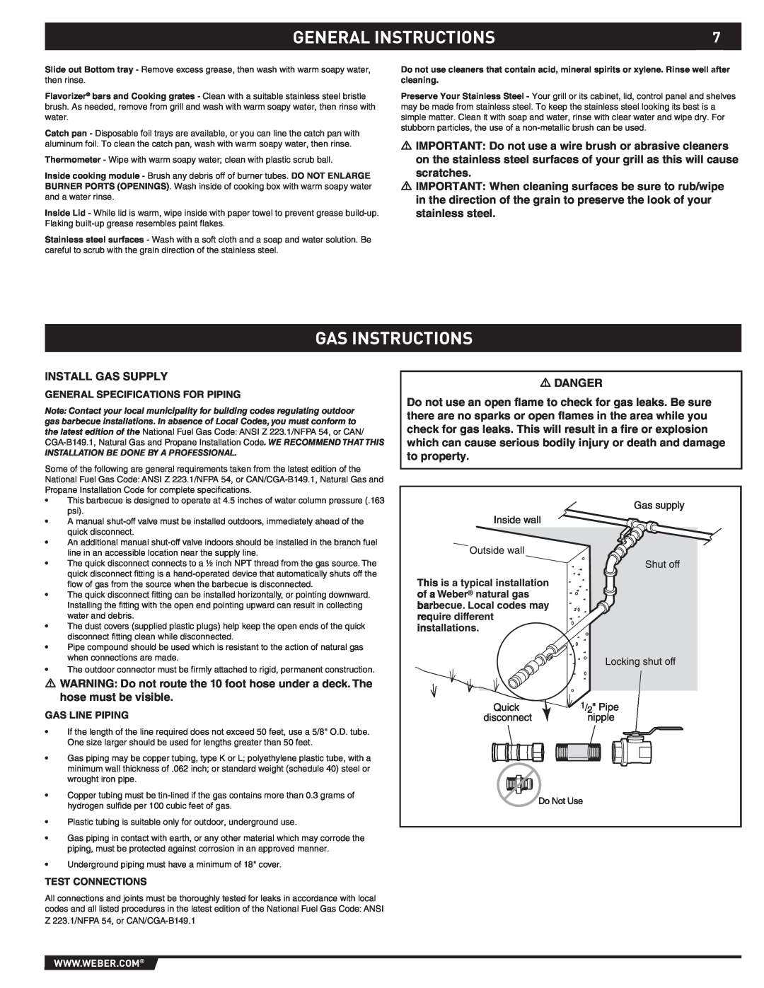 Weber S-470TM Gas Instructions, General Instructions, General Specifications For Piping, Gas Line Piping, Test Connections 