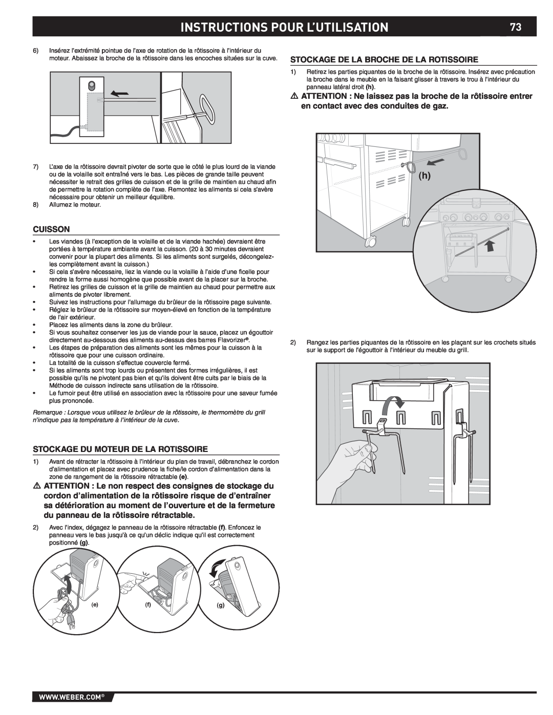 Weber S-470TM manual Instructions Pour L’Utilisation, Stockage De La Broche De La Rotissoire, Cuisson 