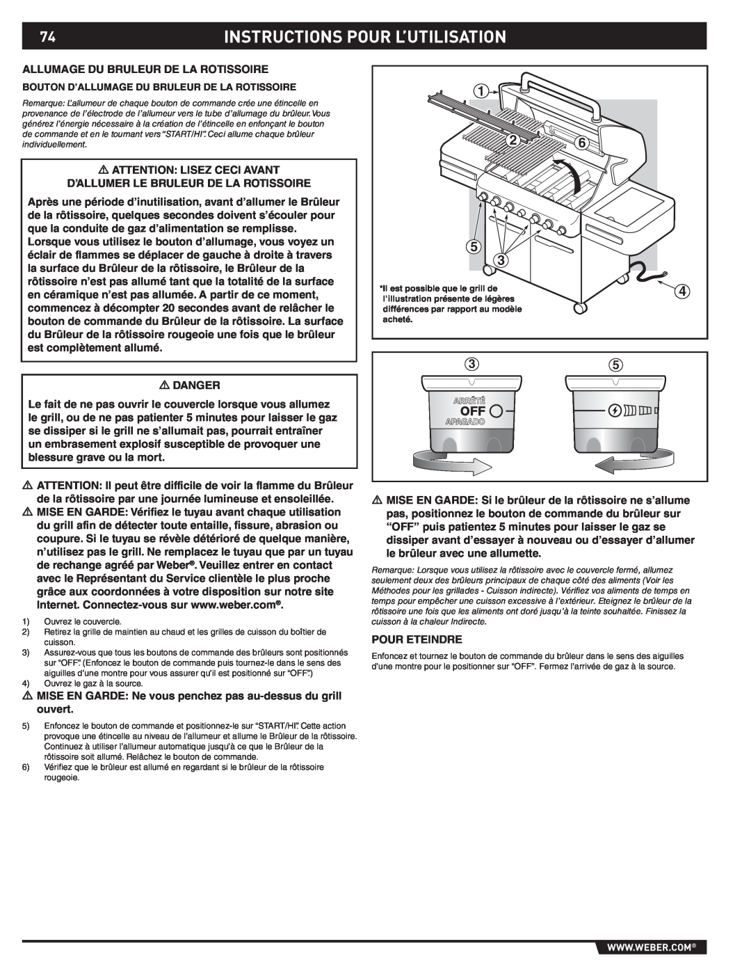 Weber S-470TM manual Instructions Pour L’Utilisation, Bouton D’Allumage Du Bruleur De La Rotissoire, acheté 