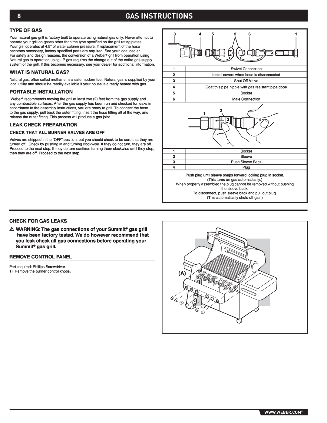 Weber S-470TM manual Gas Instructions, Swivel Connection, Socket, Male Connection, Sleeve, Plug 