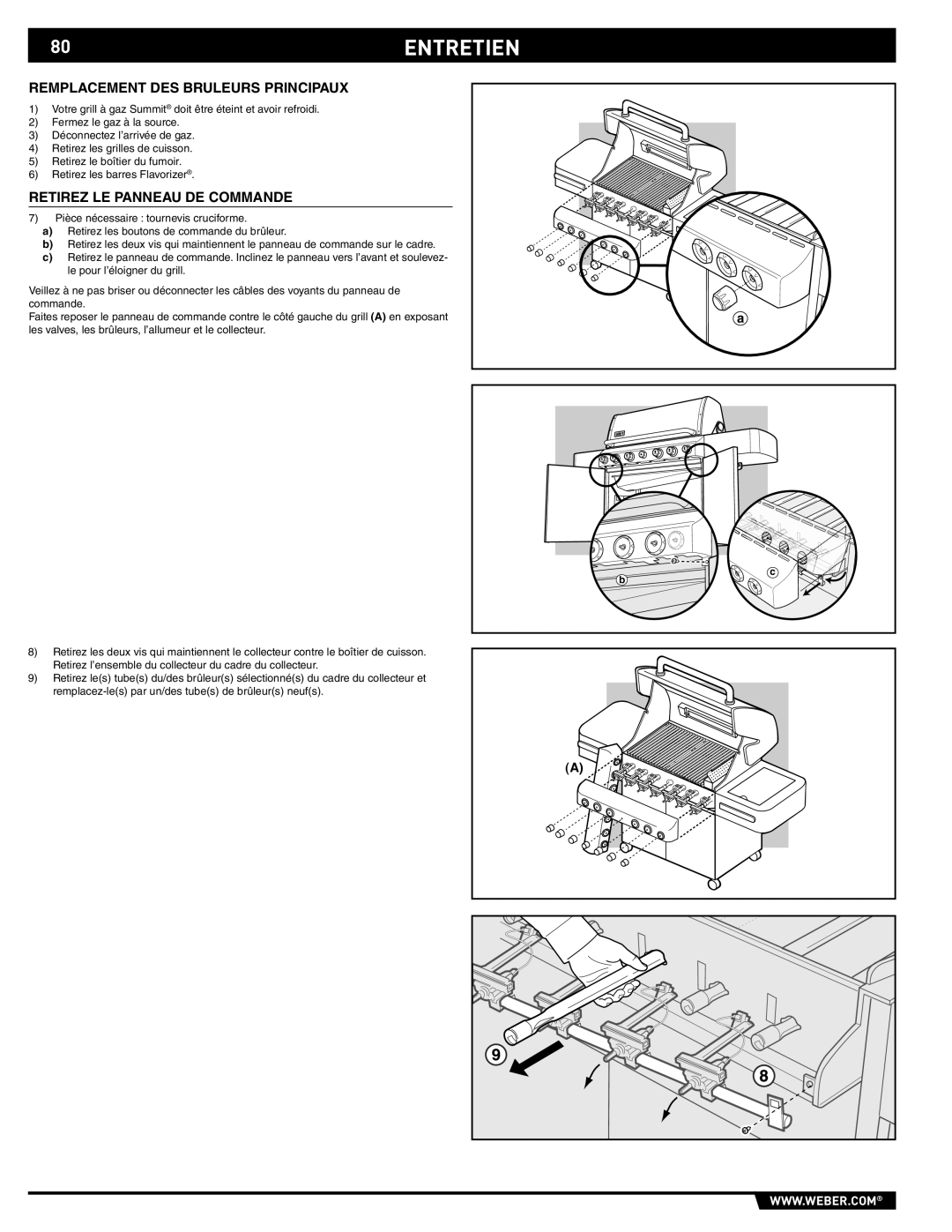 Weber S-470TM manual 80ENTRETIEN, Remplacement Des Bruleurs Principaux, Retirez Le Panneau De Commande 