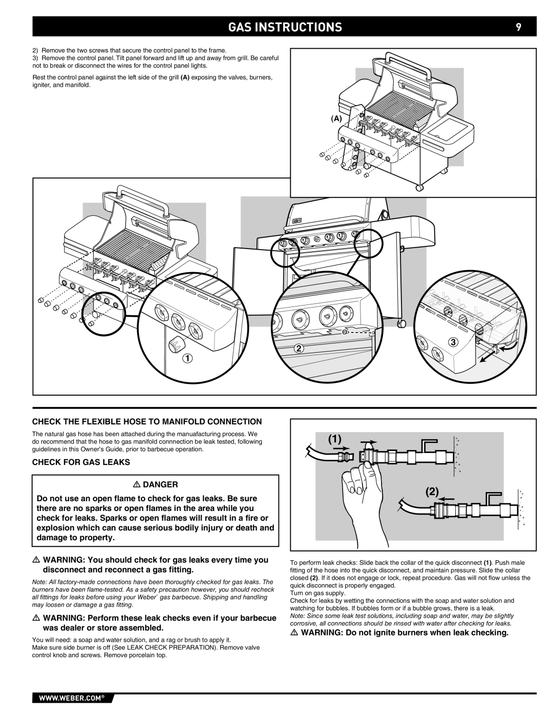 Weber S-470TM manual Gas Instructions, Check The Flexible Hose To Manifold Connection, Check For Gas Leaks Danger 