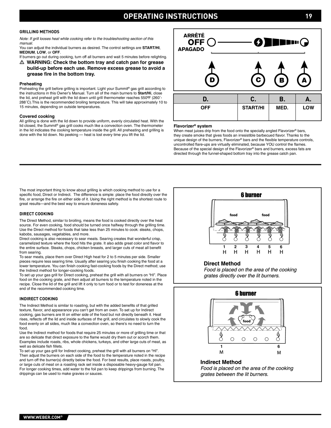 Weber S-620/650 Operating Instructions, Preheating Covered cooking, Flavorizer system, Direct Cooking, Indirect Cooking 