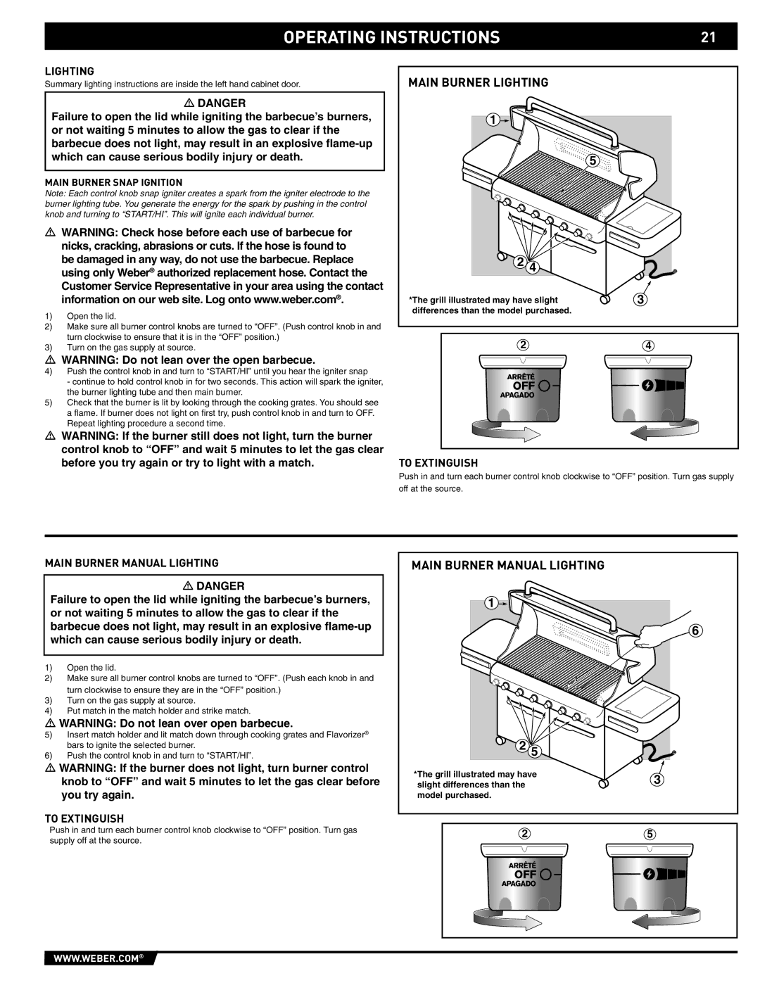 Weber S-620/650 manual To Extinguish, Main Burner Manual Lighting, Main Burner Snap Ignition 