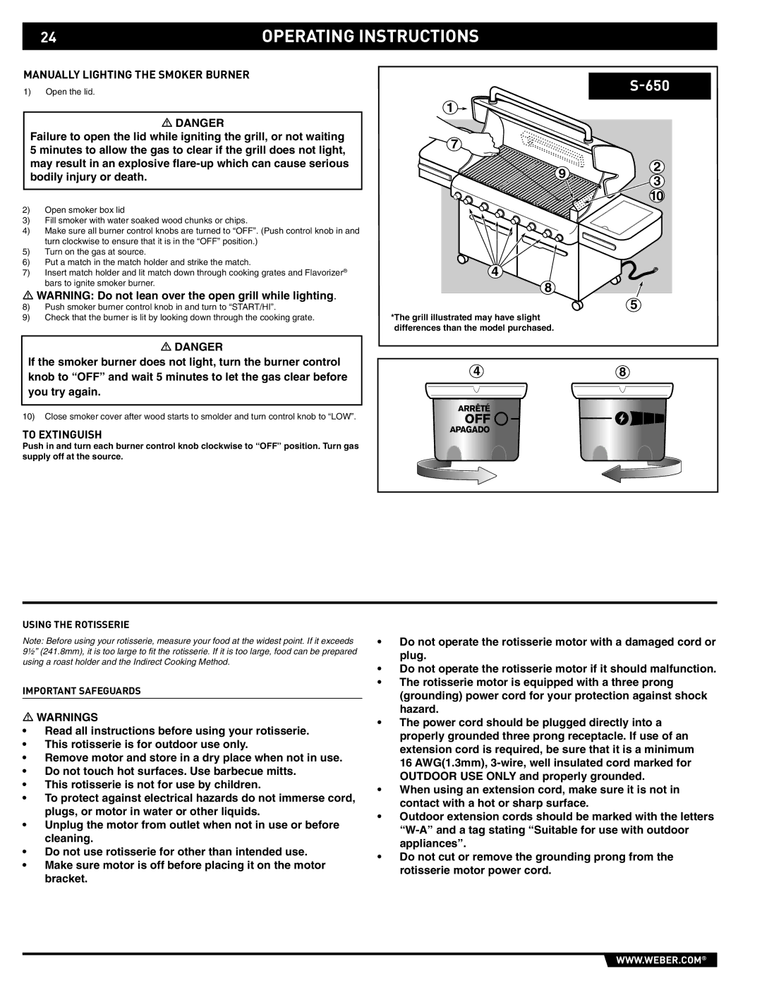 Weber S-620/650 manual Manually Lighting the Smoker Burner, Using the Rotisserie Important Safeguards 