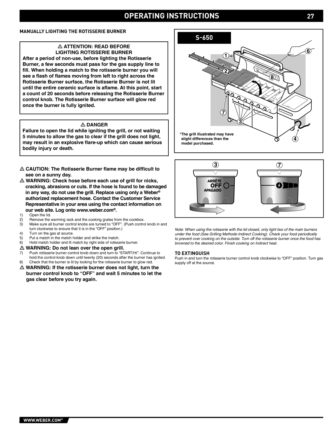 Weber S-620/650 manual Manually Lighting the Rotisserie Burner 