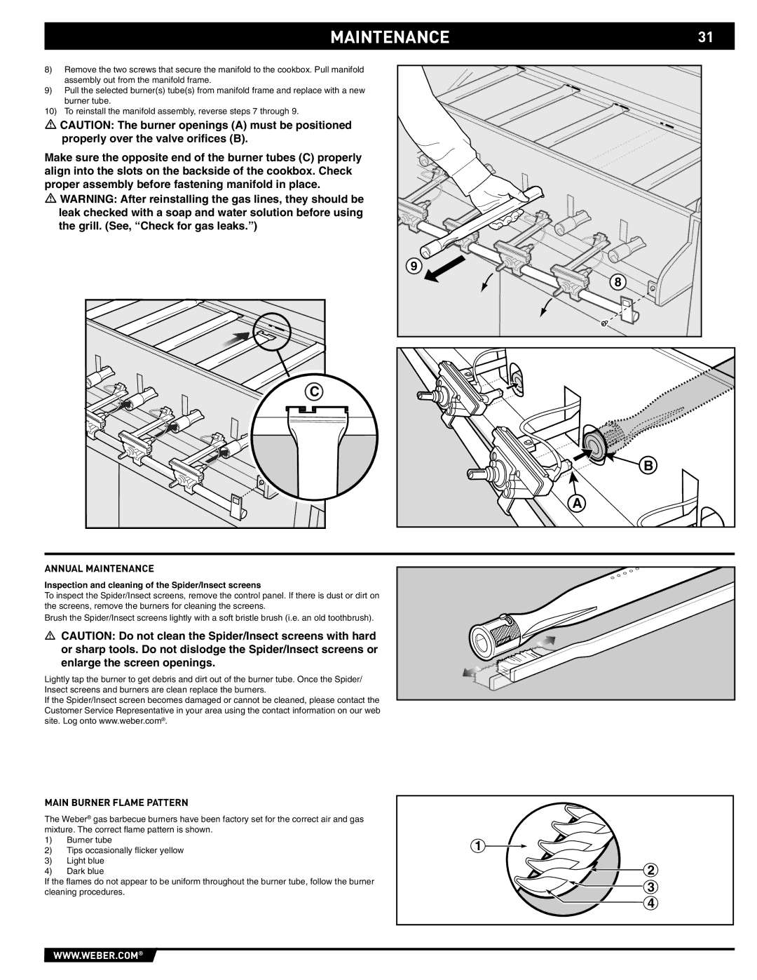 Weber S-620/650 manual MAINTENANCE31, Main Burner Flame Pattern, Inspection and cleaning of the Spider/Insect screens 