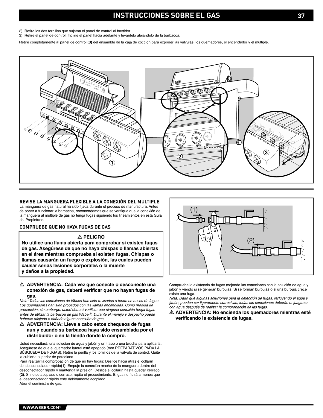 Weber S-620/650 manual Revise LA Manguera Flexible a LA Conexión DEL Múltiple, Compruebe QUE no Haya Fugas DE GAS 