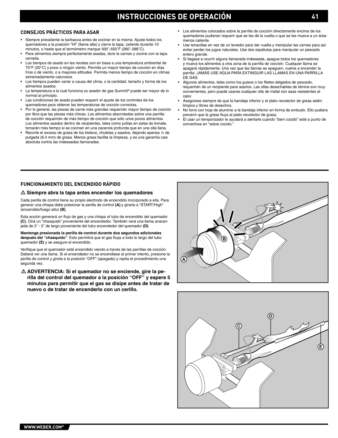 Weber S-620/650 manual Consejos Prácticos Para Asar, Funcionamiento DEL Encendido Rápido 