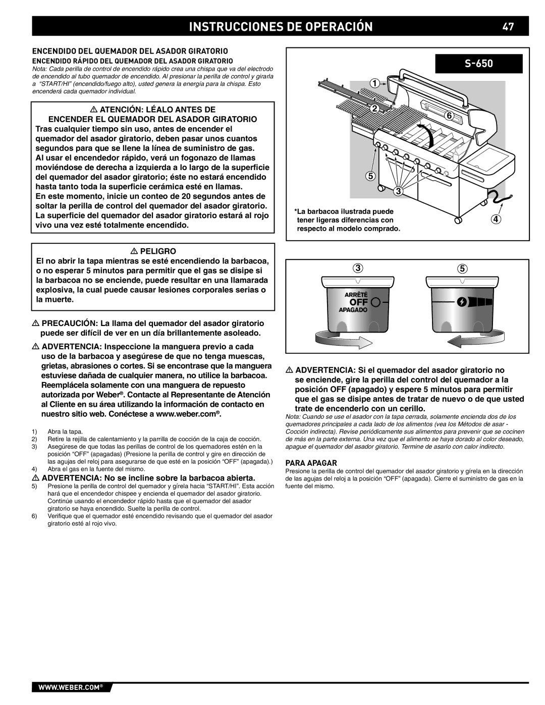 Weber S-620/650 manual Encendido DEL Quemador DEL Asador Giratorio, Encendido Rápido DEL Quemador DEL Asador Giratorio 