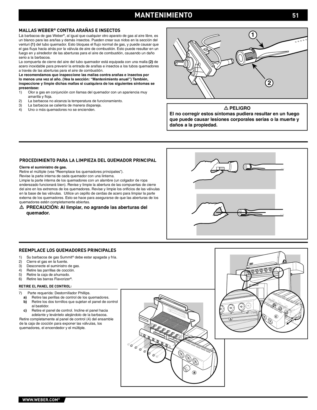 Weber S-620/650 manual Mantenimiento, Mallas Weber Contra Arañas E Insectos, Reemplace LOS Quemadores Principales 