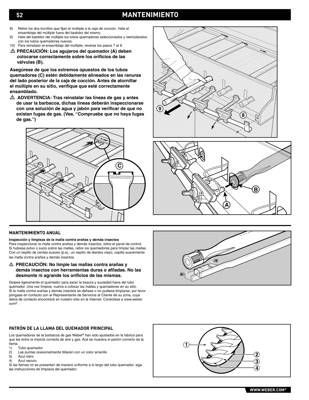 Weber S-620/650 manual 52MANTENIMIENTO, Mantenimiento Anual, Patrón DE LA Llama DEL Quemador Principal 