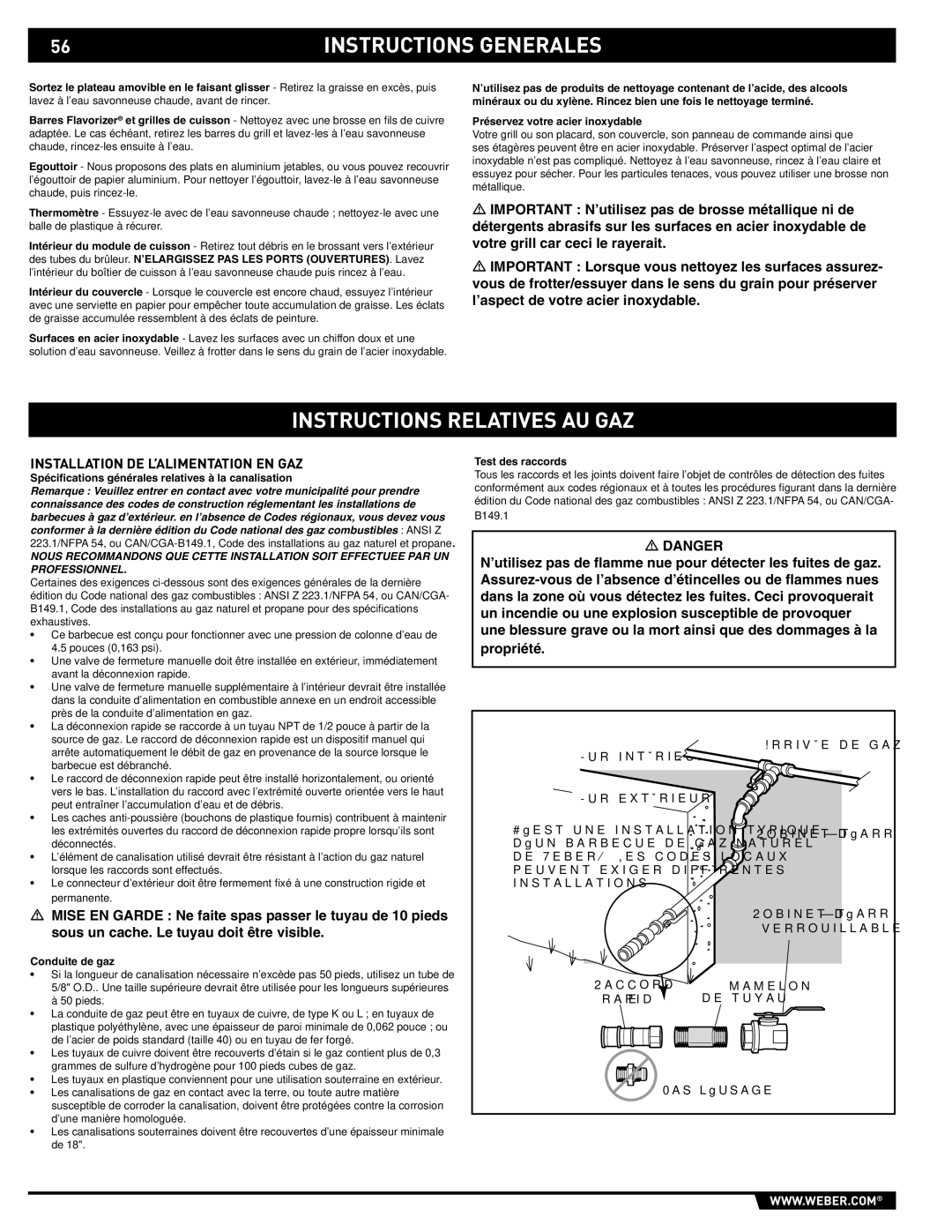 Weber S-620/650 manual Instructions Relatives AU GAZ, Installation DE L’ALIMENTATION EN GAZ 