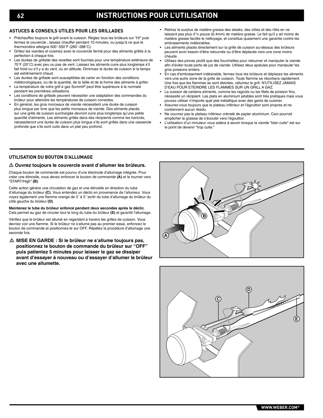 Weber S-620/650 manual Astuces & Conseils Utiles Pour LES Grillades, Utilisation DU Bouton D’ALLUMAGE 