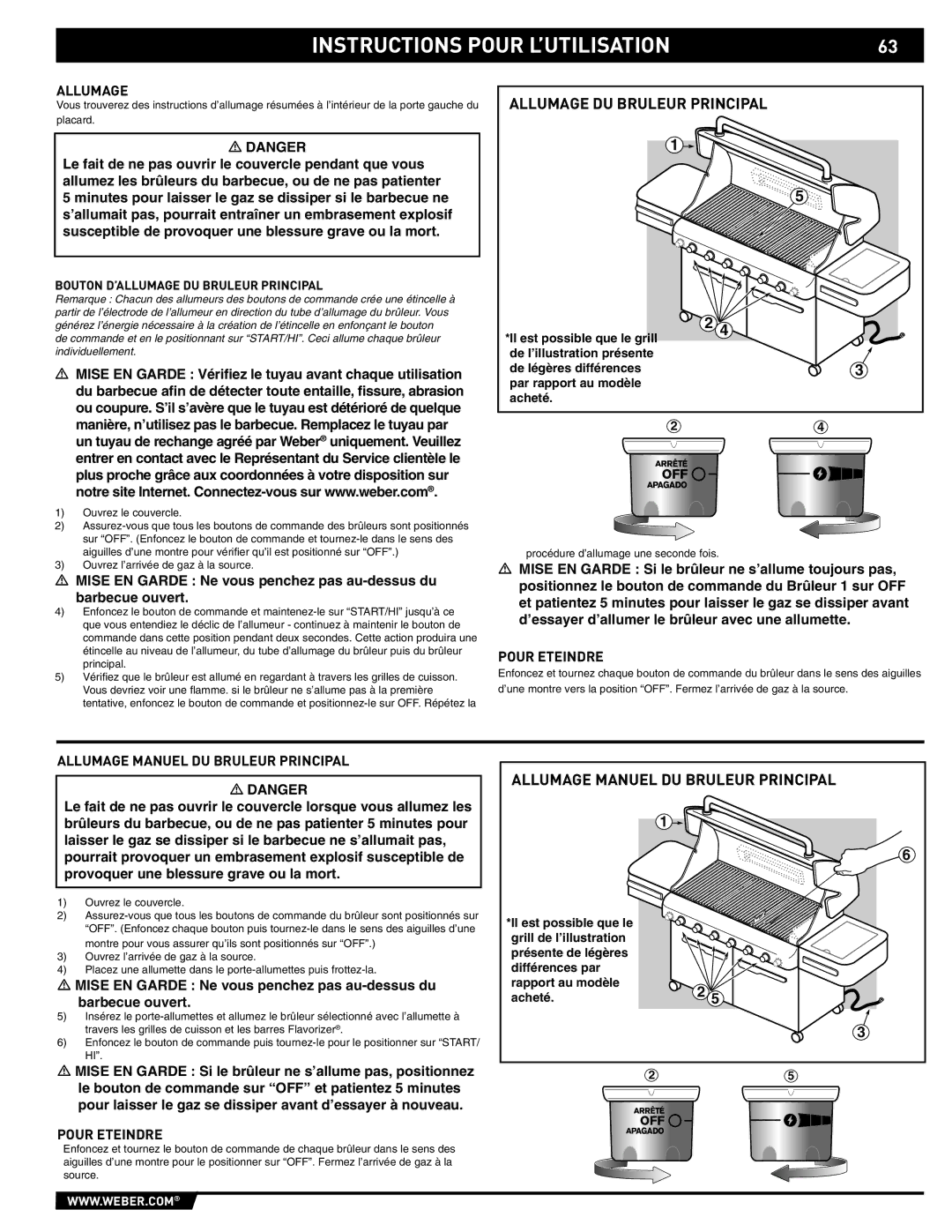 Weber S-620/650 manual Pour Eteindre, Allumage Manuel DU Bruleur Principal, Bouton D’ALLUMAGE DU Bruleur Principal 