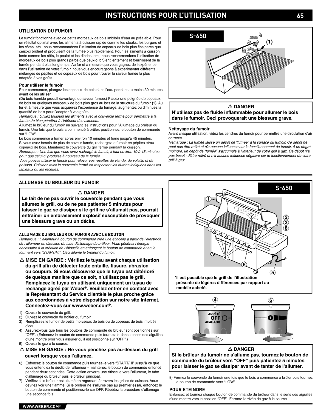 Weber S-620/650 manual Utilisation DU Fumoir, Allumage DU Bruleur DU Fumoir, Pour utiliser le fumoir, Nettoyage du fumoir 