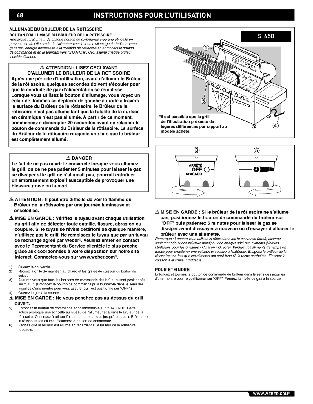 Weber S-620/650 manual Allumage DU Bruleur DE LA Rotissoire, Bouton D’ALLUMAGE DU Bruleur DE LA Rotissoire 