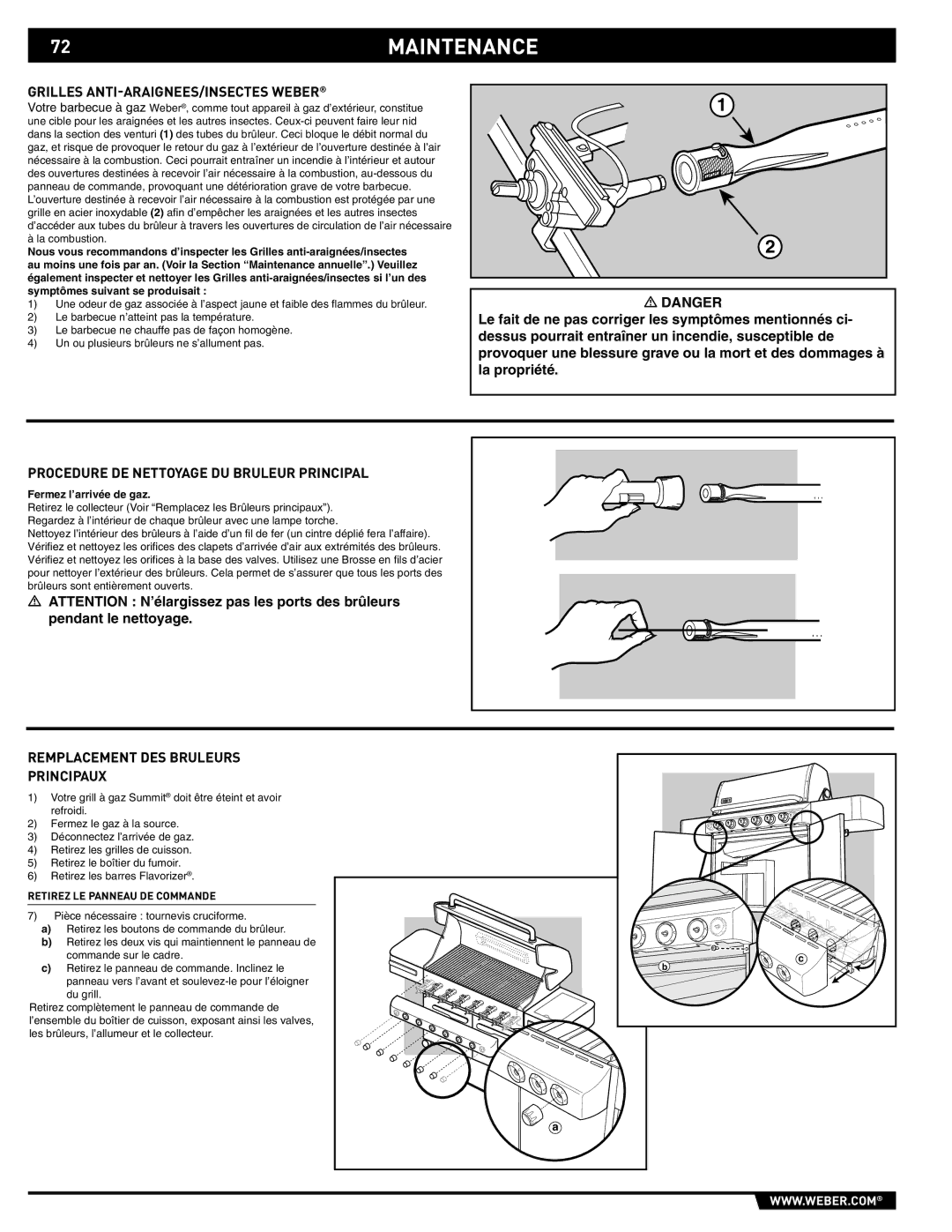 Weber S-620/650 manual 72MAINTENANCE, Grilles ANTI-ARAIGNEES/INSECTES Weber, Procedure DE Nettoyage DU Bruleur Principal 