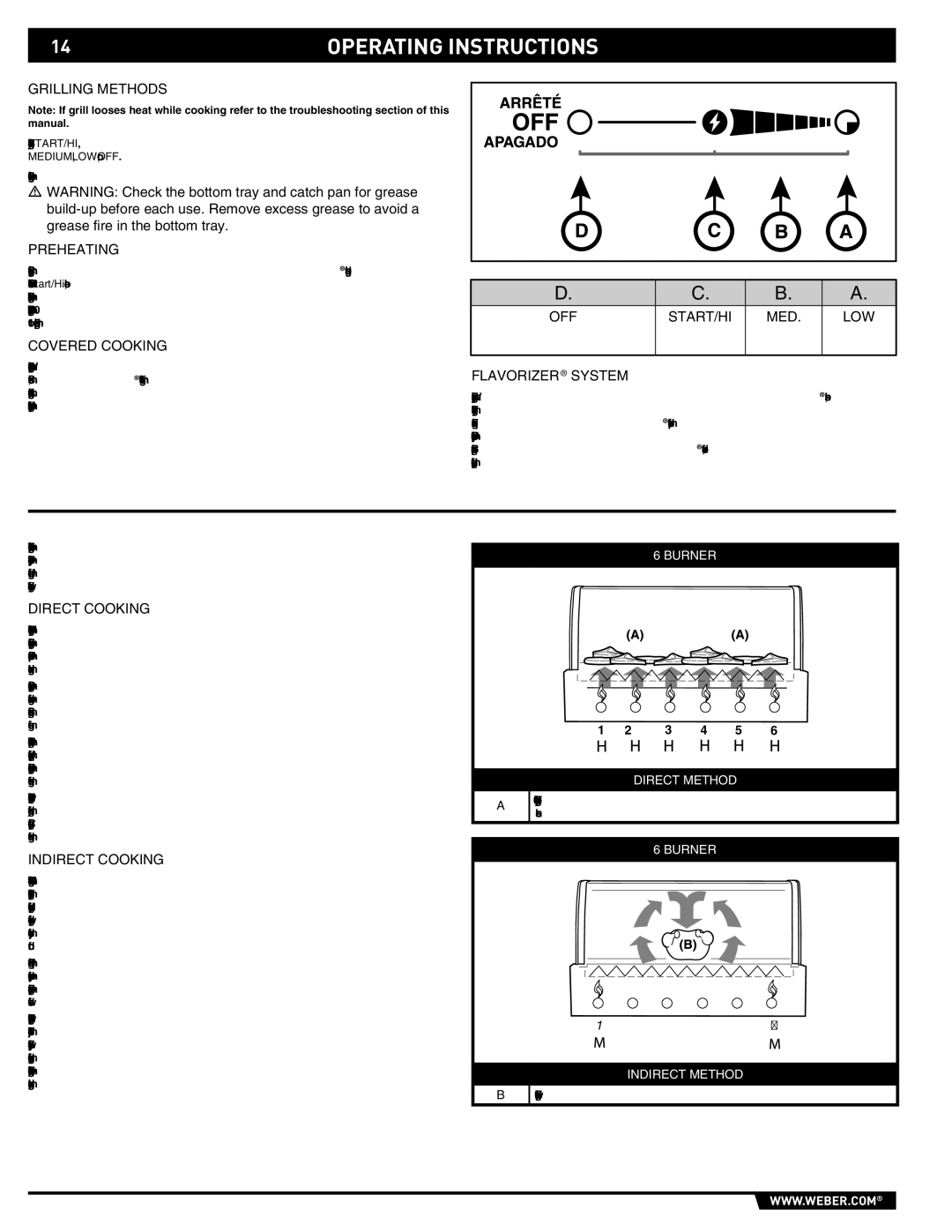 Weber S-620TM Operating Instructions, Preheating Covered Cooking, OFF START/HI MED LOW Flavorizer System, Direct cooking 