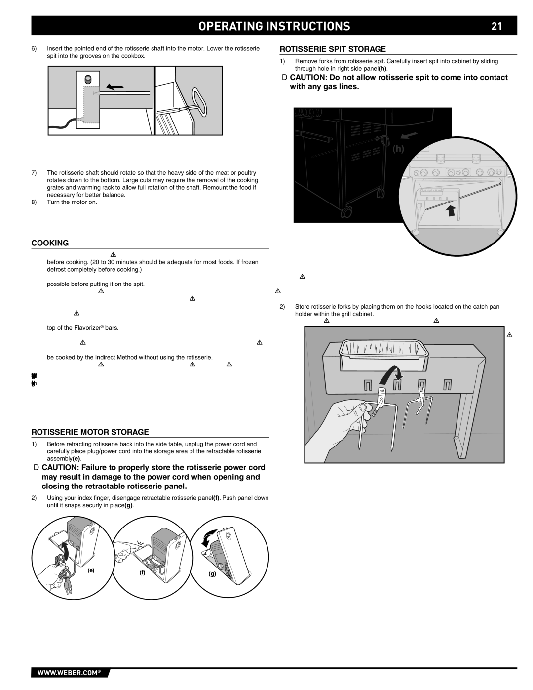 Weber S-620TM manual Rotisserie Spit Storage, Cooking, Rotisserie Motor Storage 