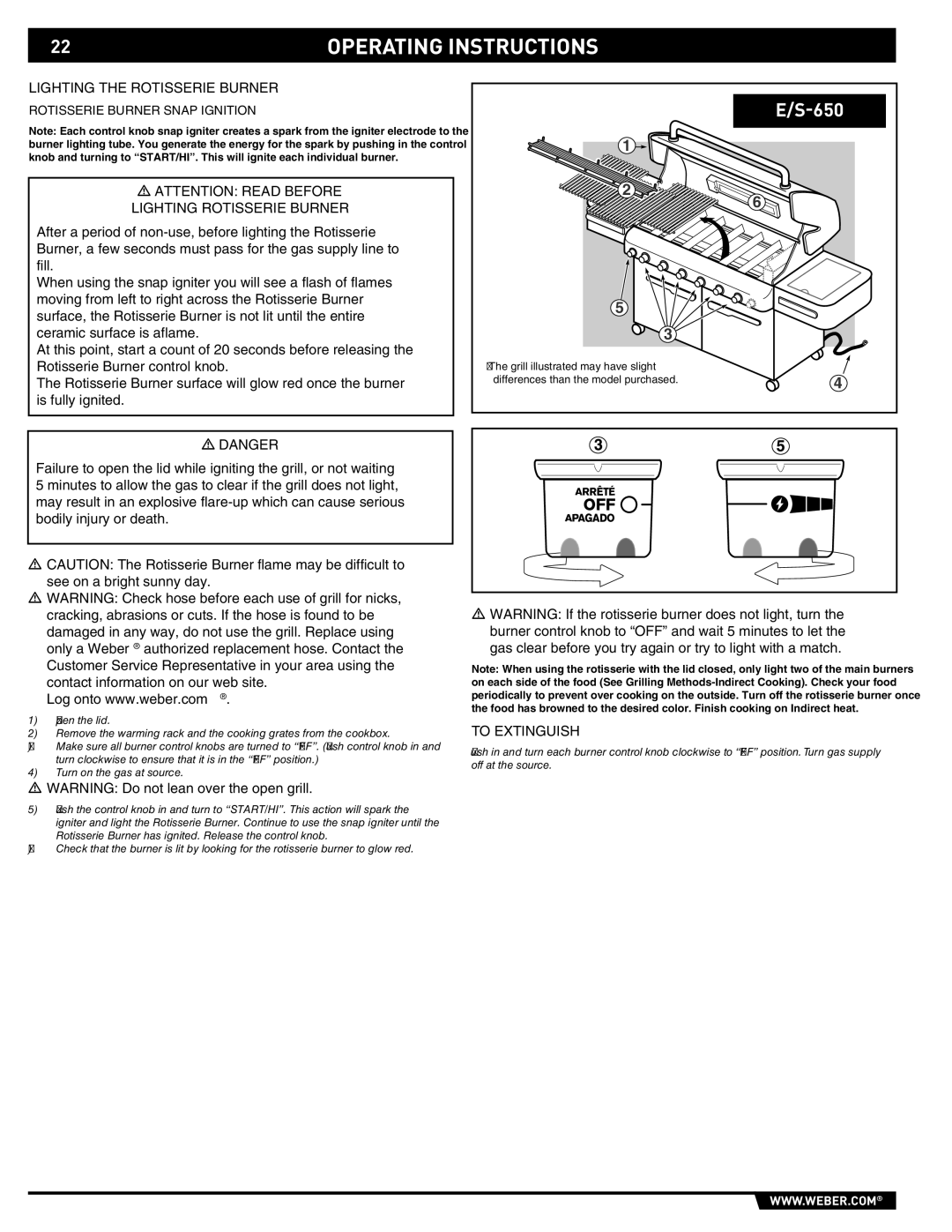 Weber S-620TM manual Lighting the Rotisserie Burner, Rotisserie Burner Snap Ignition 