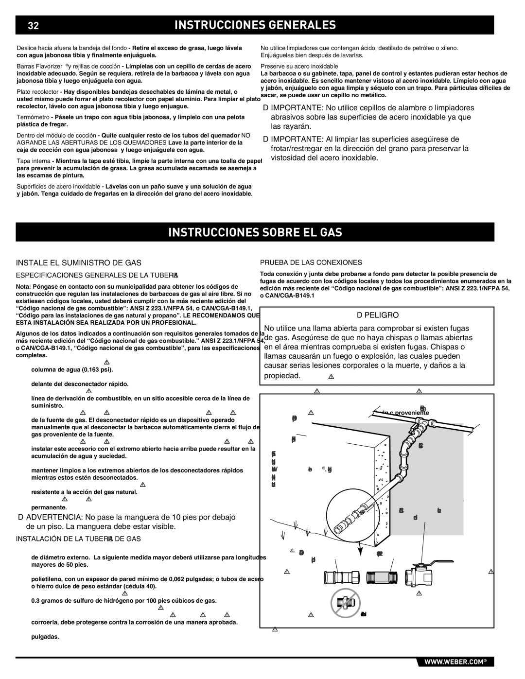 Weber S-620TM manual Instrucciones sobre el gas, Instale el suministro de gas, Especificaciones generales de la tubería 