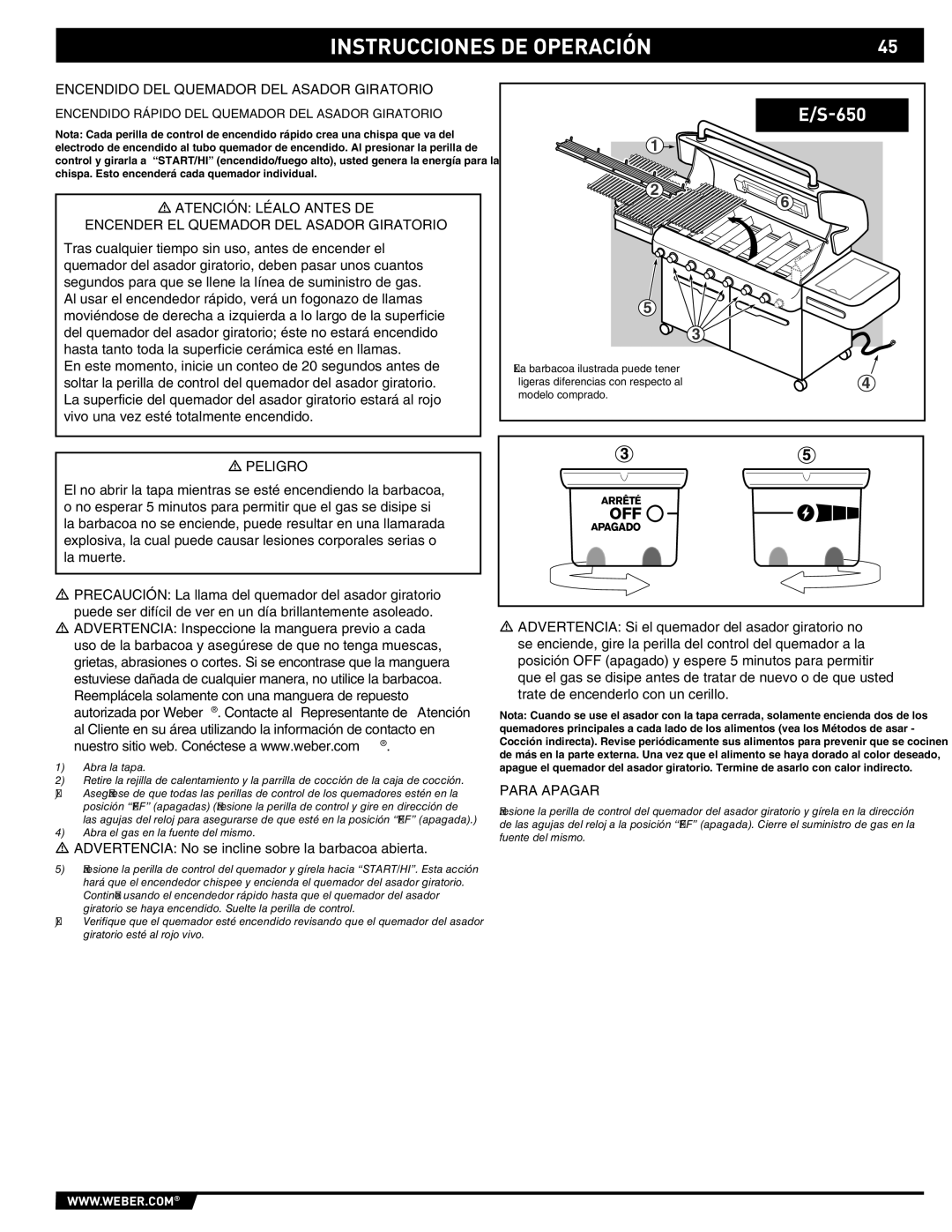 Weber S-620TM manual Encendido del quemador del asador giratorio, Encendido rápido del quemador del asador giratorio 