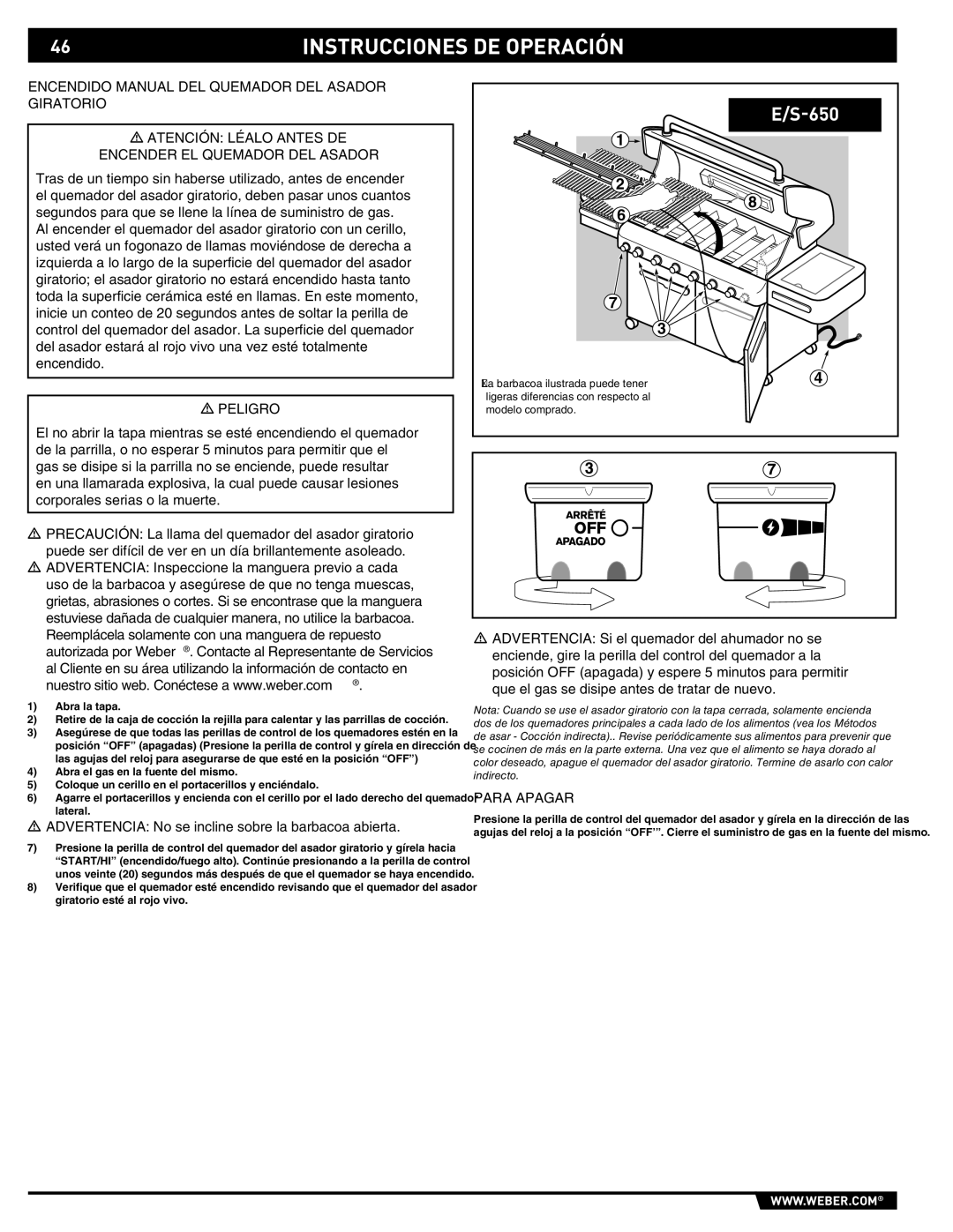 Weber S-620TM manual Encendido Manual DEL Quemador DEL Asador Giratorio 