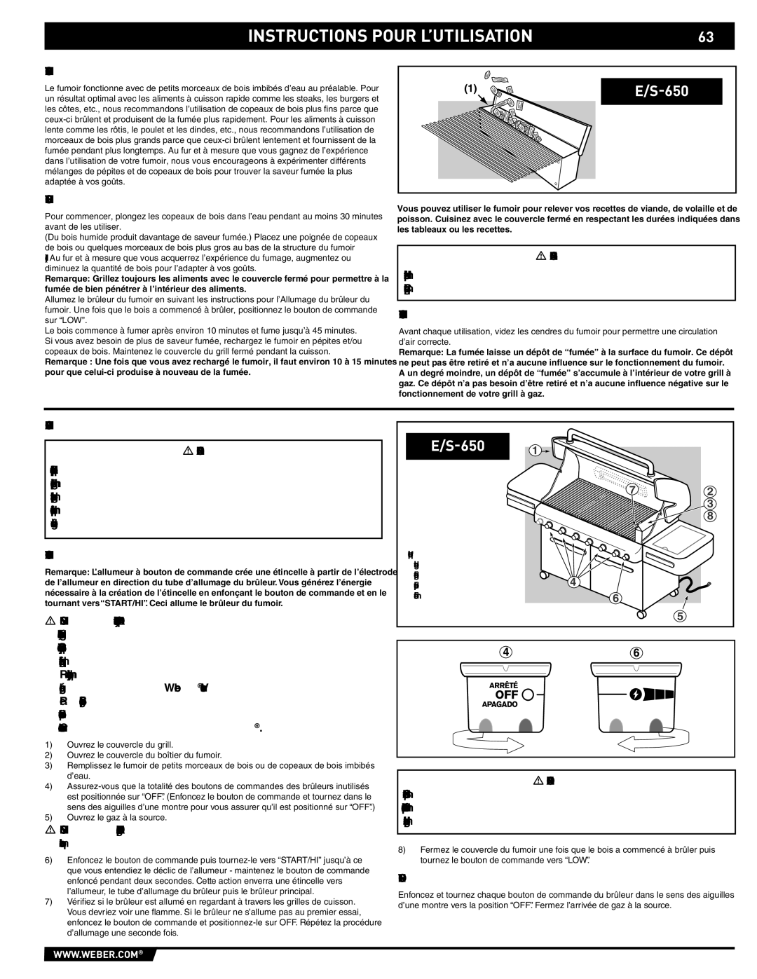 Weber S-620TM manual Utilisation DU Fumoir, Pour Utiliser LE Fumoir, Nettoyage DU Fumoir, Allumage DU Bruleur DU Fumoir 