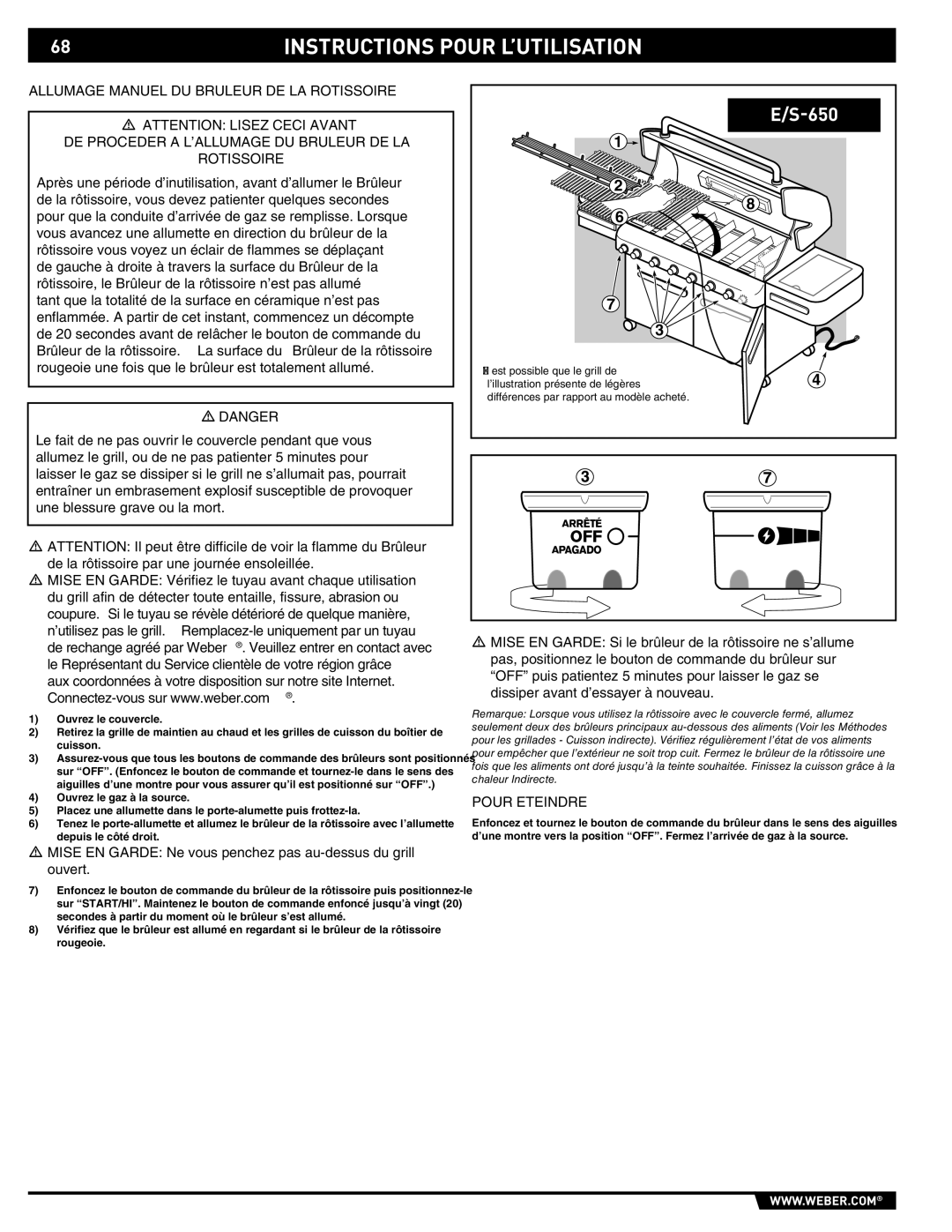 Weber S-620TM manual ALLUMAGE Manuel DU Bruleur DE LA Rotissoire, DE Proceder a L’ALLUMAGE DU Bruleur DE LA Rotissoire 