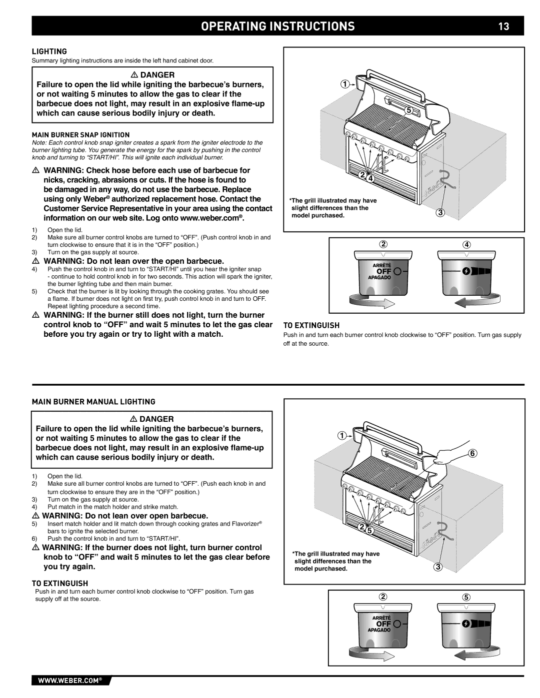 Weber S-640 - NG manual To Extinguish, Main Burner Manual Lighting, Main Burner Snap Ignition 