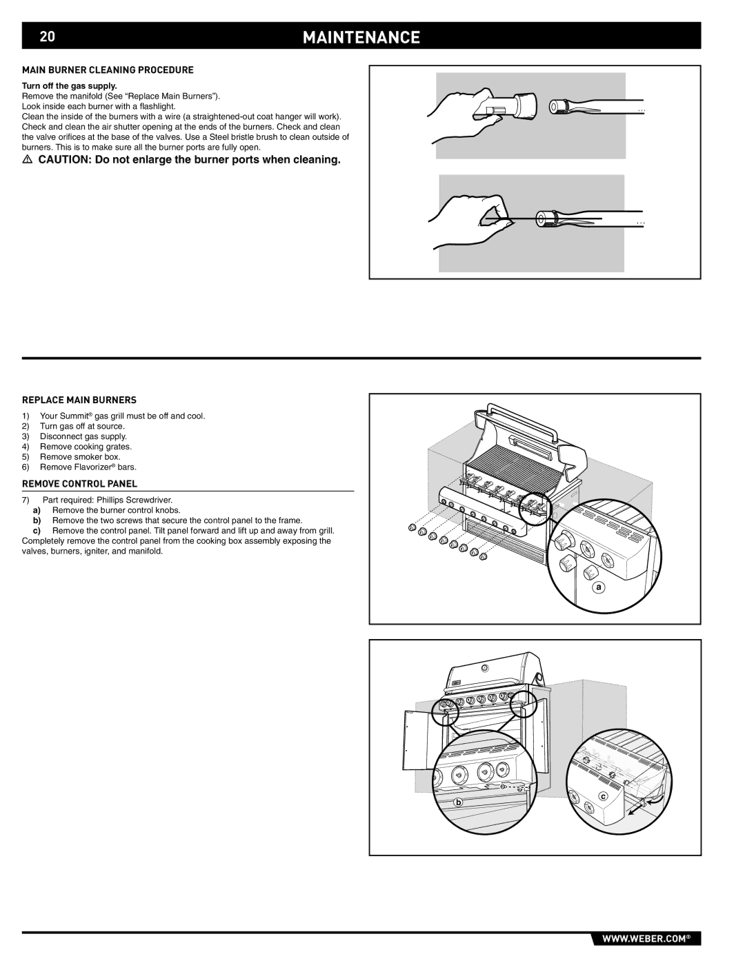 Weber S-640 - NG manual 20MAINTENANCE, Main Burner Cleaning Procedure, Replace Main Burners, Turn off the gas supply 