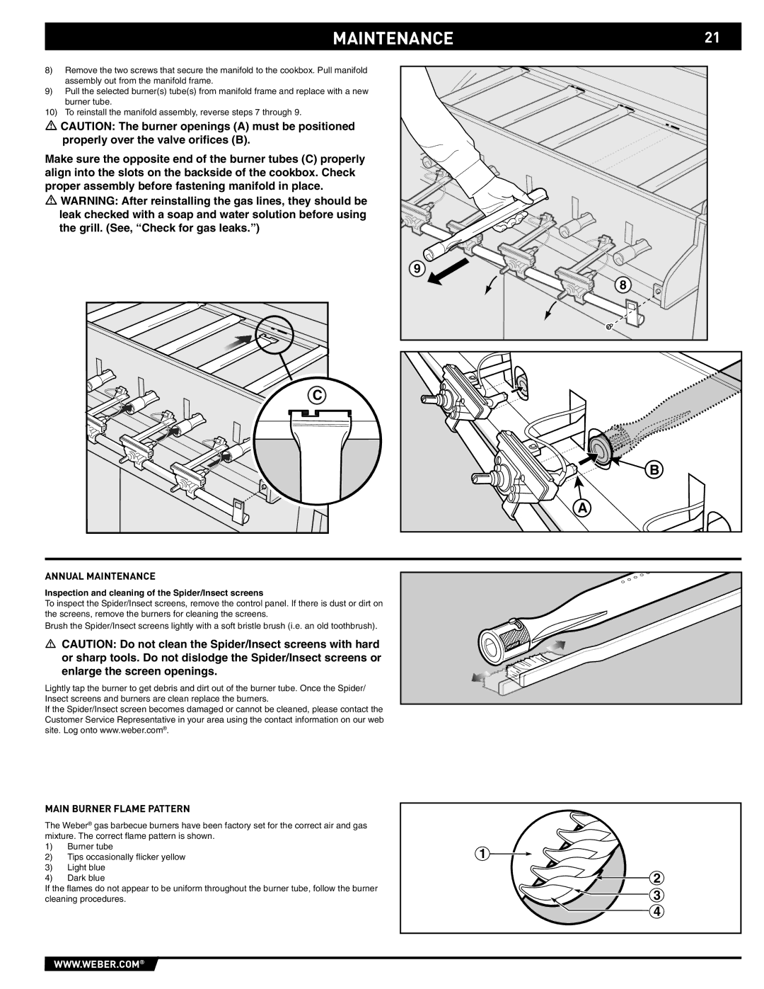 Weber S-640 - NG manual MAINTENANCE21, Main Burner Flame Pattern, Inspection and cleaning of the Spider/Insect screens 