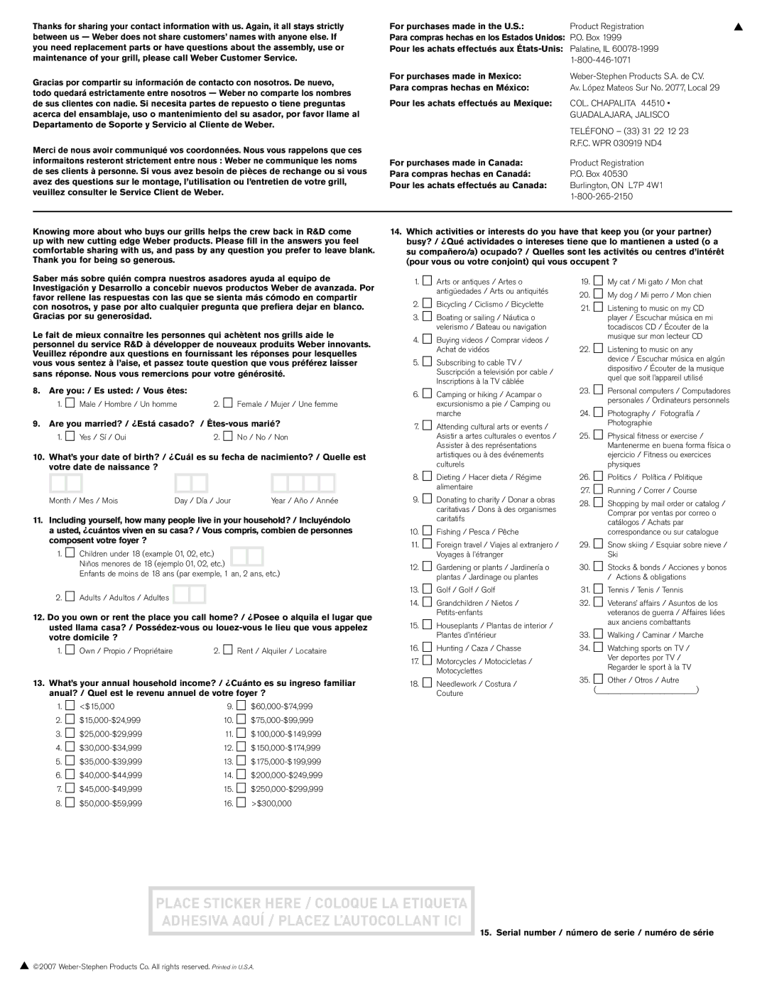 Weber S-640 - NG manual For purchases made in the U.S 