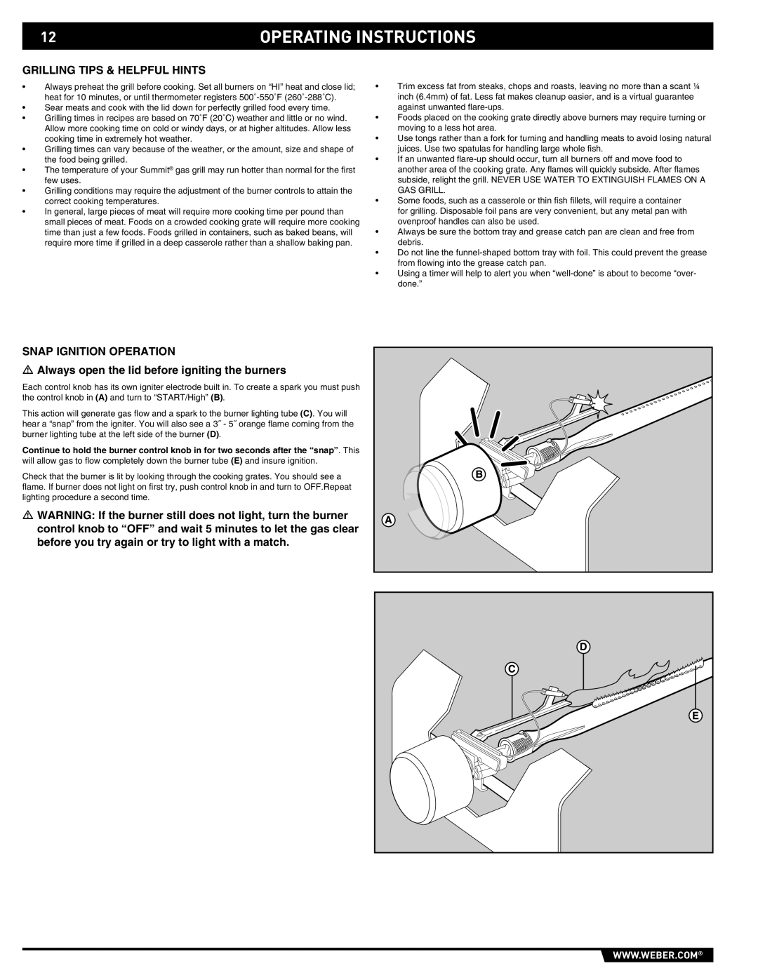 Weber S-640-NG, 43157 manual Grilling Tips & Helpful Hints, Snap Ignition Operation 