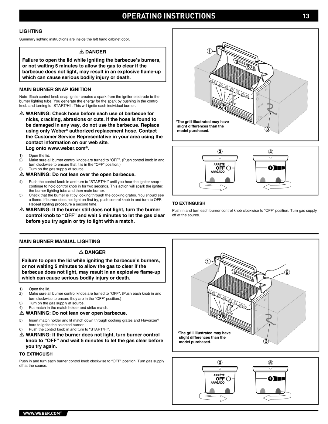 Weber 43157, S-640-NG manual Main Burner Snap Ignition, Main Burner Manual Lighting, To Extinguish 